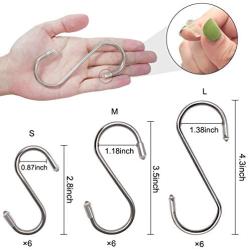 18 Pack S Shaped Hooks, Heavy Duty Stainless Steel S Hooks, Hangers Hanging Hooks for Hanging Pots and Pans,Towels,Clothes,Plants in Home Kitchen Bathroom Bedroom Garden, (2.8'',3.5'',4.3'',Each 6 Pack)