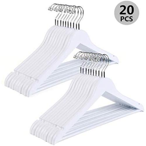 Better to U Solid Wooden Suit and Dress Clothes Hangers with Bar, with Chrome Hook, White Smooth Finished (20 Pack)