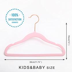 MIZGI Premium Kids Velvet Hangers (Pack of 50) with Copper/Rose Gold Hooks,Space Saving Ultra Thin,Non Slip Hangers use for Childrens Skirt Dress Pants,Clothes Hangers by (Pink)