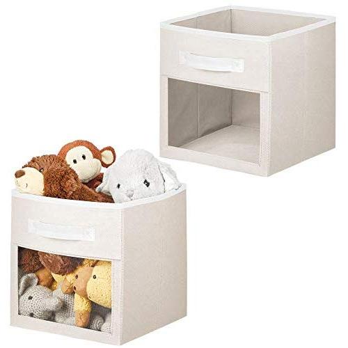 mDesign Soft Fabric Closet Storage Organizer Cube Bin Boxes with Easy-View Front Window, Handle - for Child/Kids Room, Nursery, Playroom, Furniture Unit, Shelf - 11" High, 2 Pack - Cream/White