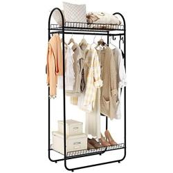 LANGRIA Compact Free-Standing Garment Rack Made of Sturdy Iron with Spacious Storage Space, 2 Shelves, 1 Clothes Hanging Rod, Heavy Duty Clothes Organizer for Bedroom, Entryway (Black)