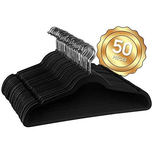 Elama Home Black 50 Piece Set of Velvet Slim Profile Heavy Duty Felt Hangers with Stainless Steel Swivel Hooks