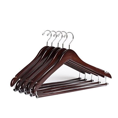 Quality Hangers 10 Wooden Hangers Beautiful Sturdy Suit Coat Hangers with Locking Bar Chrome Hooks (10)