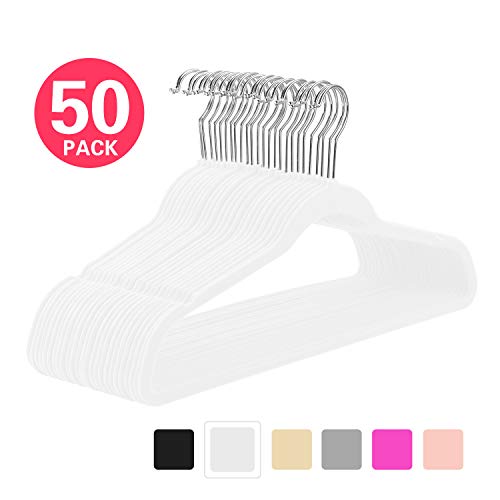 MIZGI Premium Velvet Hangers (Pack of 50) Heavyduty - Non Slip - Velvet Suit Hangers White - Chrome Hooks,Space Saving Clothes Hangers (White) MIZGI Premium Velvet Hangers (Pack of 50) Heavyduty - Non Slip - Velvet Suit Hangers White - Chrome Hooks,Space Saving Clothes Hangers (White)