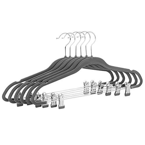 Raymond Waites Ultra-Thin Non-Slip Velvet Clothing Hangers with Clips, Flocked & Durable, Closet Space Saving, for Garments, Suits, Dresses, Pants, Shirts, Coats, 6 Pack (Grey)