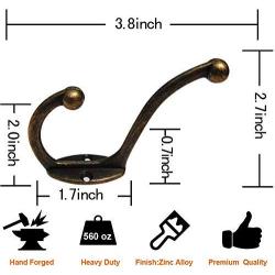 Heavy Duty Dual Coat Hooks 10 Pack Wall Mounted Hooks Metal Hooks Dual Robe Hook Rustic Hooks Retro Double Hooks Coat Hanger and Screws for Coat/Backpack/Bag/Towel/Key/Cap (Bronze 10 Pack)