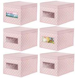 mDesign Soft Stackable Fabric Closet Storage Organizer Holder Boxes - Clear Window and Lid, for Child/Kids Room, Nursery, Playroom - Polka Dot Pattern - Large, 6 Pack - Light Pink with White Dots