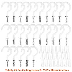 Paxcoo Ceiling Hooks, 25Pcs Cup Screw Hook Holders for Hanging, Screw in Mug Hooks with 25 Pcs Plastic Drywall Anchors for Plant Hangers and Cups