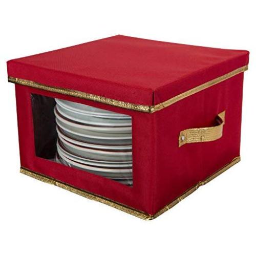 Simplify Holiday Dinner Plate Dinnerware Storage Boxes with 12 Felt Dividers, China Tableware Containers Set, Red