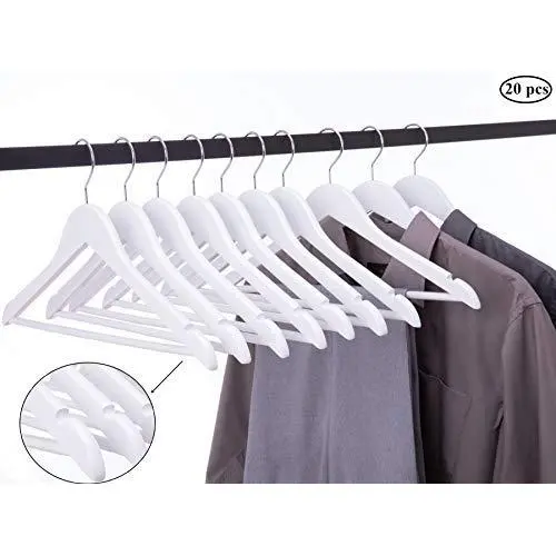 Cocomaya 17.5 Inch White Solid Wooden Suit Hanger Coats Clothes Dress Shirts Hanger with Pants Bar and 360 Swivel Hook, Pack of 20 Cocomaya 17.5 Inch White Solid Wooden Suit Hanger Coats Clothes Dress Shirts Hanger with Pants Bar and 360 Swivel Hook, Pack of 20