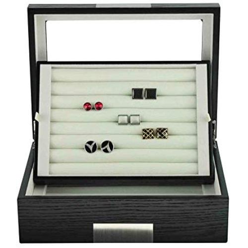 Black Ebony Wood Cufflink Case & Ring Storage Organizer with Stainless Steel Engravable Design Accent Mens Jewelry Boxes for 72 Cufflinks