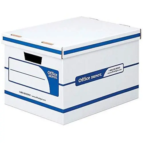 Office Depot 60% Recycled Quick Set-Up Storage Boxes with Lift-Off Lid, Letter/Legal, 10inH x 12inW x 15inD, White/Blue, pk of 12, 0800303 Office Depot 60% Recycled Quick Set-Up Storage Boxes with Lift-Off Lid, Letter/Legal, 10inH x 12inW x 15inD, White/Blue, pk of 12, 0800303