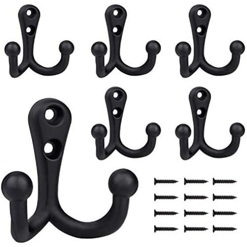 BIGLUFU Coat Hooks Heavy Duty 6pc Coats Hook Vintage Double Prong Wall Mounted with 12 Screws Retro Double Robe Hooks Utility Hooks for Coat, Scarf, Bag, Towel, Key, Cap, Cup, Hat (Black) (6 Pack)