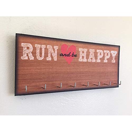 Race Medal Holder/Running Medal Hanger - RUN AND BE HAPPY. Wood Wall Mounted Medal Organizer