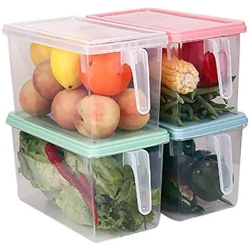 STARSLIFE Kitchen Food Storage Containers, Refrigerator Classified Organizer Case with Lid and Handle, Plastic Stackable Keeper, Reusable Boxes for Fridge, Pantry Cabinet, Shelves, Home (Pack of 4)