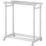 MyGift Chrome Plated Adjustable Dual Bar Garment Display Rack, Rolling Clothes Hanger with Bottom Shelf