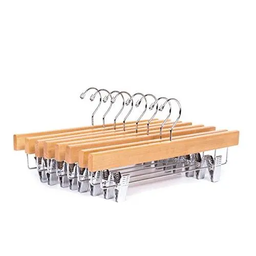 Amber Home 10 Pack Solid Gugertree Deluxe Wooden Pants Hangers Bottom Hanger Slacks Hanger Skirt Hanger with 2-Adjustable Clips (Natural, 10) Amber Home 10 Pack Solid Gugertree Deluxe Wooden Pants Hangers Bottom Hanger Slacks Hanger Skirt Hanger with 2-Adjustable Clips (Natural, 10)