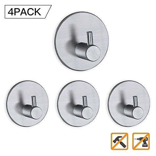 Adhesive Hooks Wall Hanger Holder  Self Stick Heavy Duty Utility Storage Hooks,Kitchen Bathroom Stainless Steel Waterproof Hooks for Plug Robe Towel Loofah Bathrobe Coat (4-Pack)