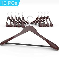 Goldcart Deluxe Wooden Coat Hanger 10 Pieces Fine Polished Solid Wood with Non-Slip Tube and Durable Chromed Hook for Suit Clothes Dress Hanger Dark Walnut