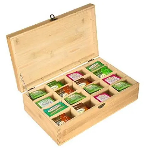 Muti-purpose Tea Storage Box, 100% Bamboo 16 Grid Adjustable Tea Bag Holder Organizer with Latching Lid, Detachable Partition, Perfect for Tea Lovers, Natural Color(7.48"X12.48"X3.54") Muti-purpose Tea Storage Box, 100% Bamboo 16 Grid Adjustable Tea Bag Holder Organizer with Latching Lid, Detachable Partition, Perfect for Tea Lovers, Natural Color(7.48"X12.48"X3.54")