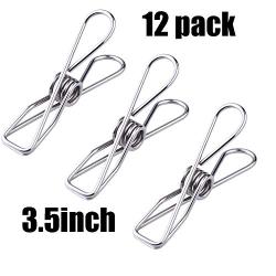 Fwaytech Extra Large Clothes Pins Stainless Steel 3.5inch Clothes Peg Metal Clips,Cord Clothes Bag Pins Utility Clips for Laundry Clothes Line Home/Office 12 Pack (C-C)