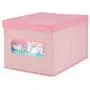mDesign Decorative Soft Stackable Fabric Closet Storage Organizer Holder Boxes - Clear Window, Attached Lid, for Child/Kids Room, Nursery - Large, Collapsible Foldable - Herringbone Print, 2 Pack - Pink