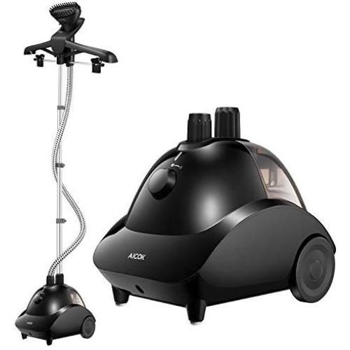 AICOK Professional Heavy Duty Hanging Clothes Steamer, 1500W Full Size Garment Steamer for Clothes, 1.6L(56.3OZ) 70min Continuous Steam, Fabric Brush/Splint/2 Hangers, 4-Level Height Adjustment, Black