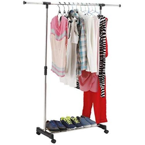 Single Heavy Duty Rail Adjustable Portable Clothes Hanger Rolling Garment Rack - Black