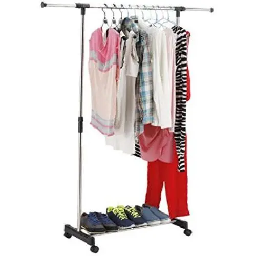 Single Heavy Duty Rail Adjustable Portable Clothes Hanger Rolling Garment Rack - Black
