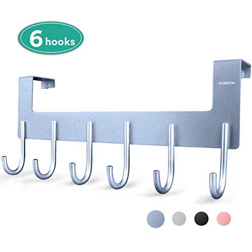 ACMETOP Over The Door Hook Hanger, Heavy-Duty Organizer for Coat, Towel, Bag, Robe - 6 Hooks, Aluminum, Matte Finish (Gray)