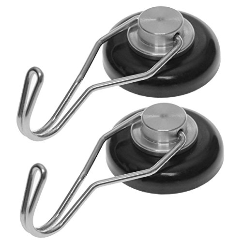 Mavoro Strong Magnetic Hooks for Hanging. Up to 65 lbs. Set of 2 Black Magnet Hooks Heavy Duty Magnets, Neodymium 52 Rare Earth Magnets. Rotating Swivel Style Magnet Hook for Refrigerator, Locker etc