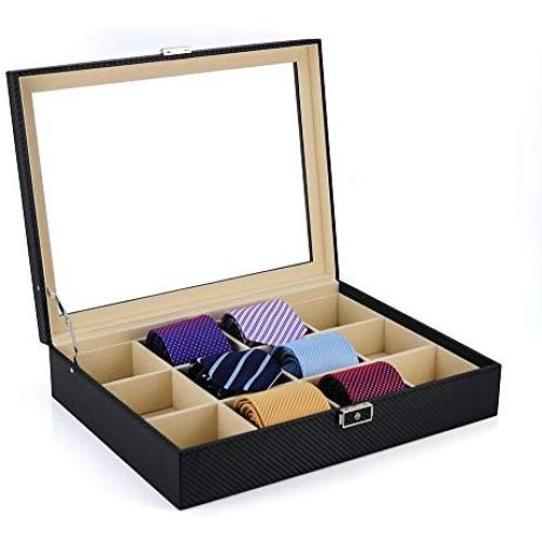 TIMELYBUYS Tie Display Case for 12 Ties, Belts, and Mens Accessories Black Carbon Fiber Storage Box TIMELYBUYS Tie Display Case for 12 Ties, Belts, and Mens Accessories Black Carbon Fiber Storage Box
