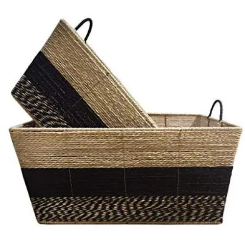 XUAN Large Storage Baskets, Set of 2 Mareket Collection Stripe Bin Paper Rope Basket Boxes with Handles for Bedroom Closet Kitchen Decorative Storage Container Organizer XUAN Large Storage Baskets, Set of 2 Mareket Collection Stripe Bin Paper Rope Basket Boxes with Handles for Bedroom Closet Kitchen Decorative Storage Container Organizer