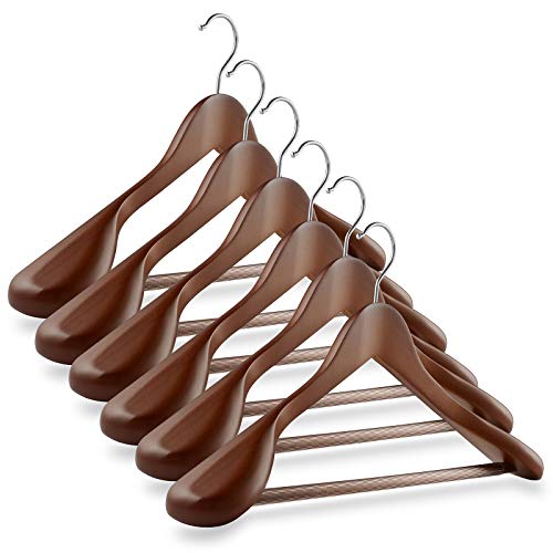 Casafield - 6 Walnut Wide Shoulder Wooden Suit Hangers - Premium Lotus Wood, Non-Slip Pant Bar & Chrome Swivel Hook for Dress Clothes, Coats, Jackets, Pants, Shirts, Skirts