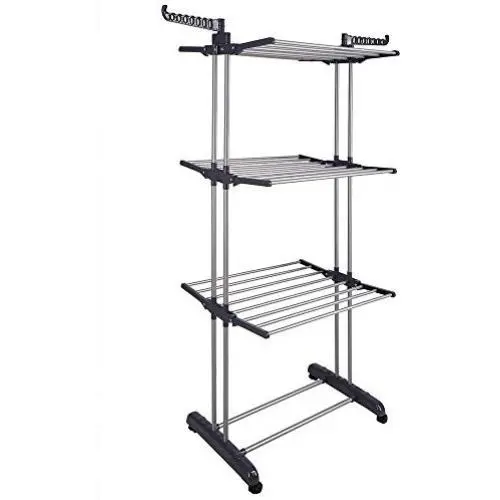 Yeshom Foldable 3 Tier Clothes Drying Rack Rolling Collapsible Laundry Dryer Hanger Stand Rail Indoor Outdoor Dark Grey