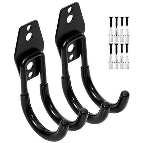 Wall Mount Double Hook,Heavy Duty Steel Garage Storage Utility Hooks with Anti-Slip Coating,Load Capacity 66 LB (2 Pack Black 2.8" Round J Hook)