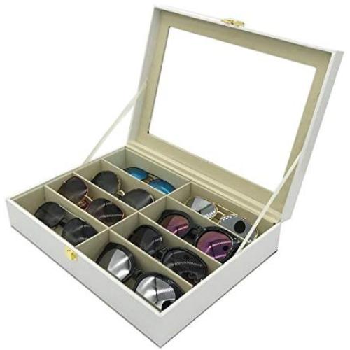 UnionPlus 8-Slot Eyeglass Sunglass Glasses Organizer Collector - Crocodile Faux Leather Storage Case Boxes (White Croco)