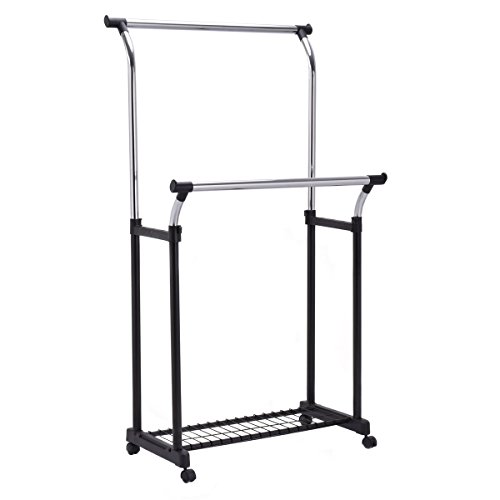 Double Rail Adjustable Garment Rack Portable Rolling Clothes Hanger with Shoe Rack