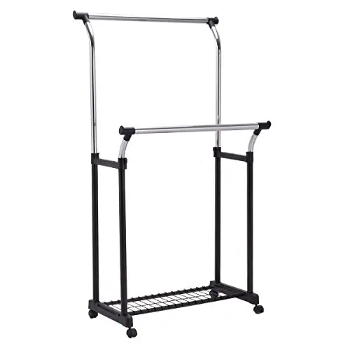 Double Rail Adjustable Garment Rack Portable Rolling Clothes Hanger with Shoe Rack Double Rail Adjustable Garment Rack Portable Rolling Clothes Hanger with Shoe Rack