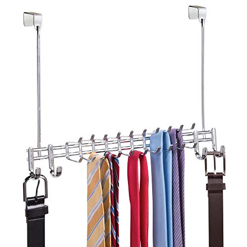 mDesign Metal Over Door Hanging Closet Storage Organizer Rack for Bedroom, Closet, Bath - Holds Mens/Womens Ties, Belts, Slim Scarves, Jewelry, Accessories - 4 Large Hooks, 20 Small Hooks - Chrome