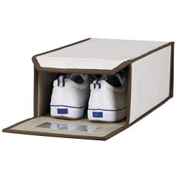 Household Essentials Set of Four Small Shoe Storage Boxes, Natural Canvas with Brown Trim