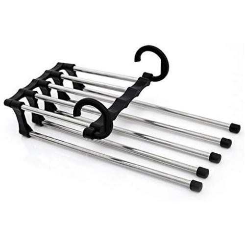 YOEDAF Multifunctional 5 in 1 Stainless Steel Pants Rack Pant Hangers, Clothes Storage Rack Adjustable Trouser Scarf 5 Tier Hanger Space Saver Pants Hanger