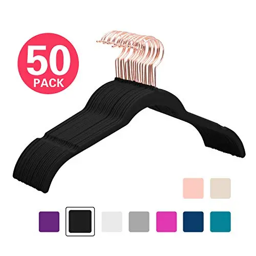 MIZGI Premium Velvet Shirt Hangers (Pack of 50) - Non Slip Felt Dress Hangers Black - Copper/Rose Gold Hooks,Space Saving Clothes Hangers (Black)