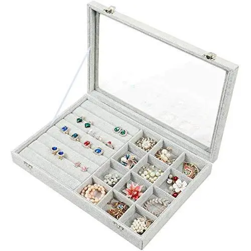 STYLIFING Jewelry Tray Showcase Display Storage Organizer Boxes Vintage Case Multi-Function Gray Velvet & Clear Lid with Lock Gifts for Girls Women (2 in 1) STYLIFING Jewelry Tray Showcase Display Storage Organizer Boxes Vintage Case Multi-Function Gray Velvet & Clear Lid with Lock Gifts for Girls Women (2 in 1)