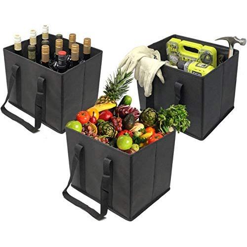 VENO 3 Packs Reusable Grocery Shopping Bags, Storage Boxes, Handy, Premium Quality, Heavy Duty Tote with Handles, Reinforced Bottom. Foldable, Collapsible, Made from Recycled Material