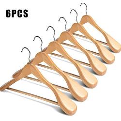 Tenrry 6 Pcs Wide Shoulder Wooden Hangers with Non Slip Pants Bar for Coat Clothes Dress Suit