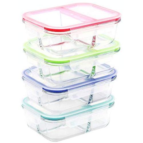 Glass Meal Prep Containers 3 Compartment - Glass Food Storage Containers Glass Bento Boxes Food Prep Containers, RENPHO Divided Lunch Boxes with Airtight Lids - Microwave Dishwasher Safe [4 Pack, 36oz]