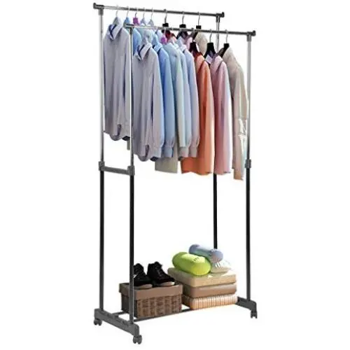 IOOkME-H Double Rail Clothes Rack Adjustable Height Rolling Garment Rack Stainless Steel 2 Shelf Pole Clothes Hanger Freestanding Organizer IOOkME-H Double Rail Clothes Rack Adjustable Height Rolling Garment Rack Stainless Steel 2 Shelf Pole Clothes Hanger Freestanding Organizer