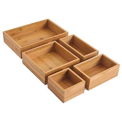 BonusAll 5-Piece Bamboo Storage Boxes Drawer Organizer Set Storage Organizer Divider for Office Desk Supplies and Accessories