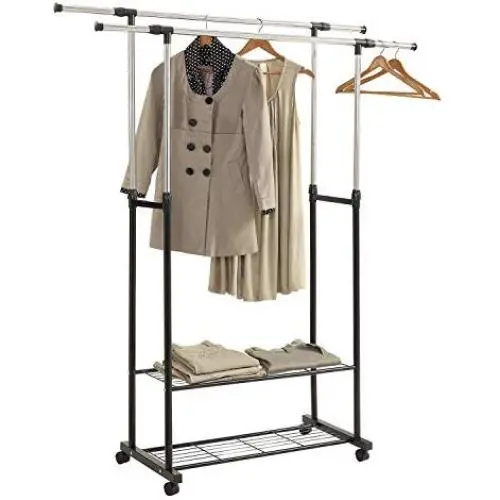 HOME BI Adjustable Garment Rack with 2 Tier Metal Shelf for Shoes Boxes, Rolling Clothes Organizer, High Capacity,Stainless Steel,Heavy Duty up to 110 pounds,Black